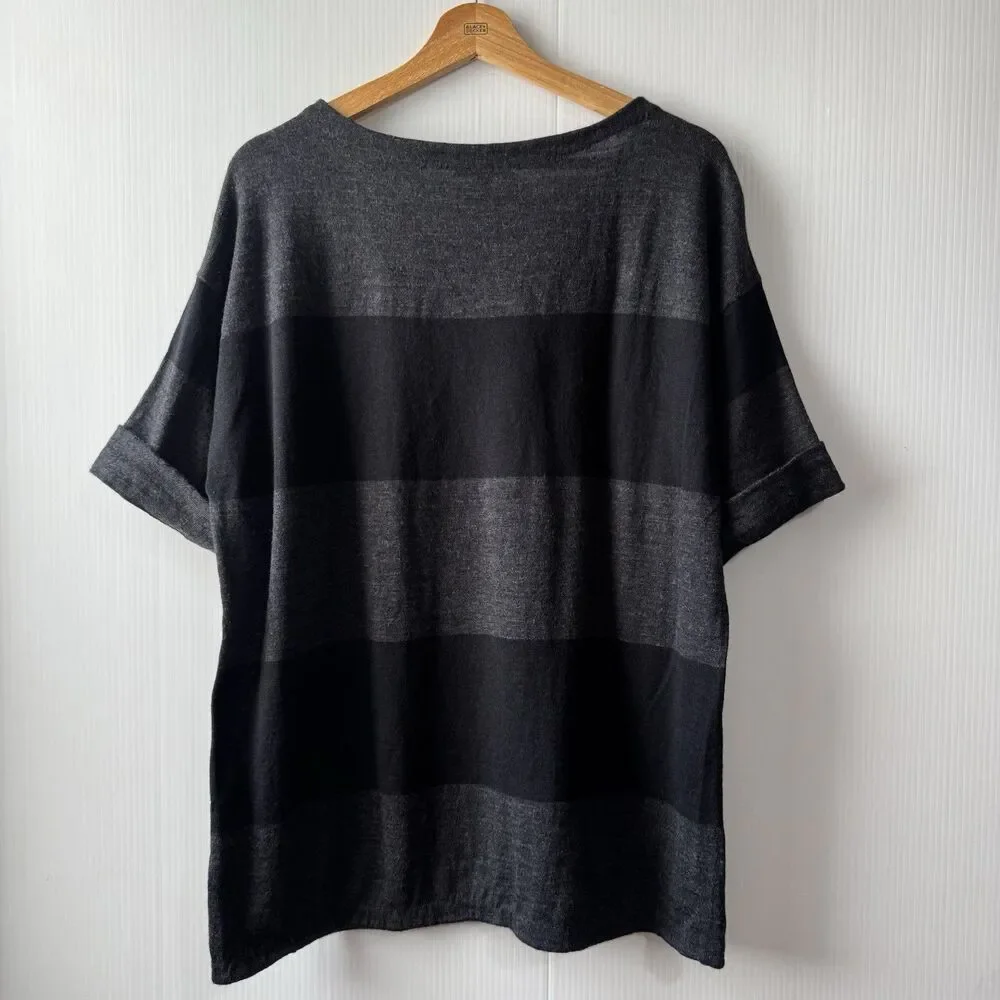 EILEEN FISHER 100% Merino Wool Italian Yarn Black Gray Sz L Sweater Top